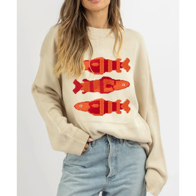 

Combhasaki Womens Knitted Jumper Tops Long Sleeve Crew Neck Y2k Aesthetic Fish Pattern Loose Fit Knitwear Pullover Sweaters