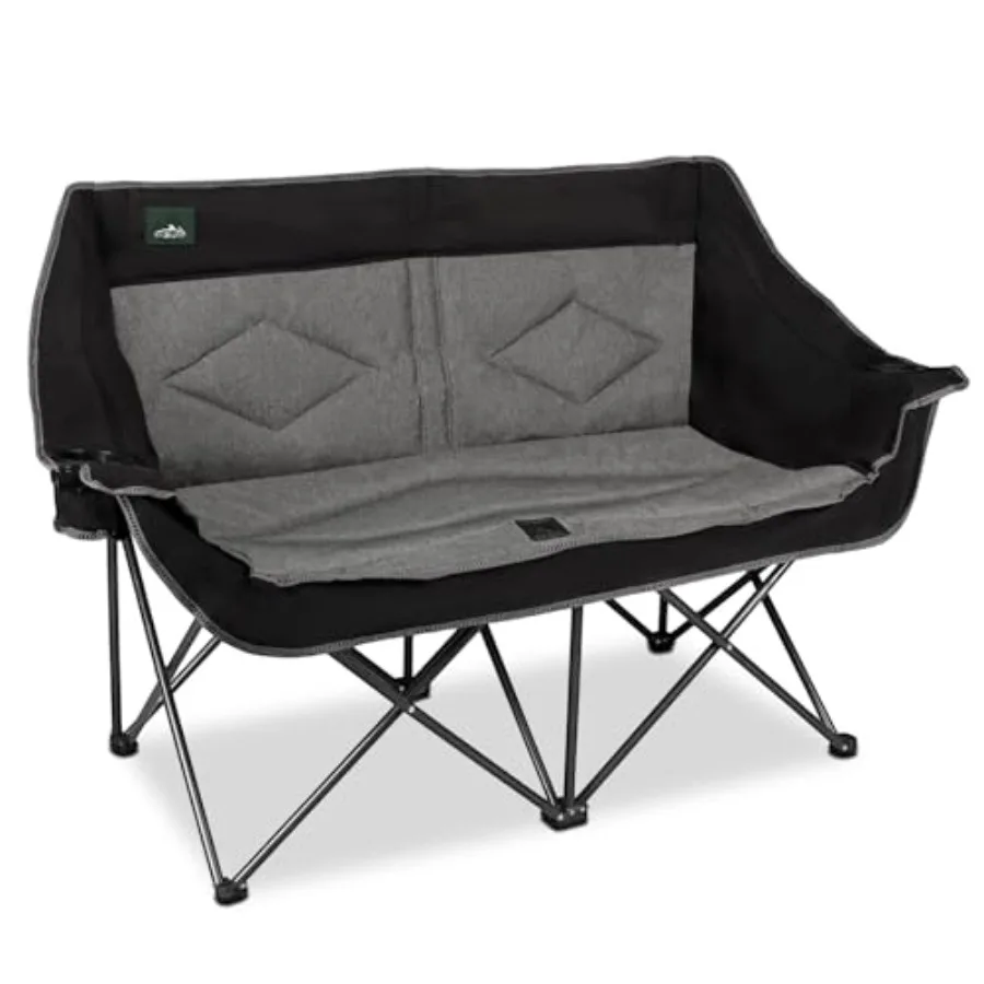 

Camping folding loveseat chair for outdoor picnic and beach use, polyester fabric in gray, ultra-padded dual seating with 2 cup