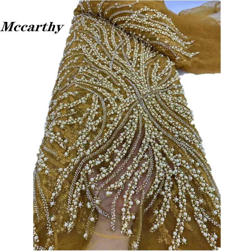 5 Yards High-end Heavy Beaded Fabric Latest African Luxury Sequins Groom Embroidery Fabric French Tulle Lace For Sewing Wedding