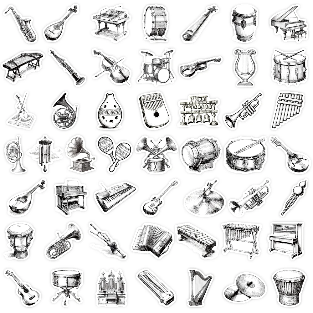 50PCS Retro Simple Black and White Classical Instrument PET Sticker Art Piano Violin Guitar Sax Gift Decoration Collection Decor