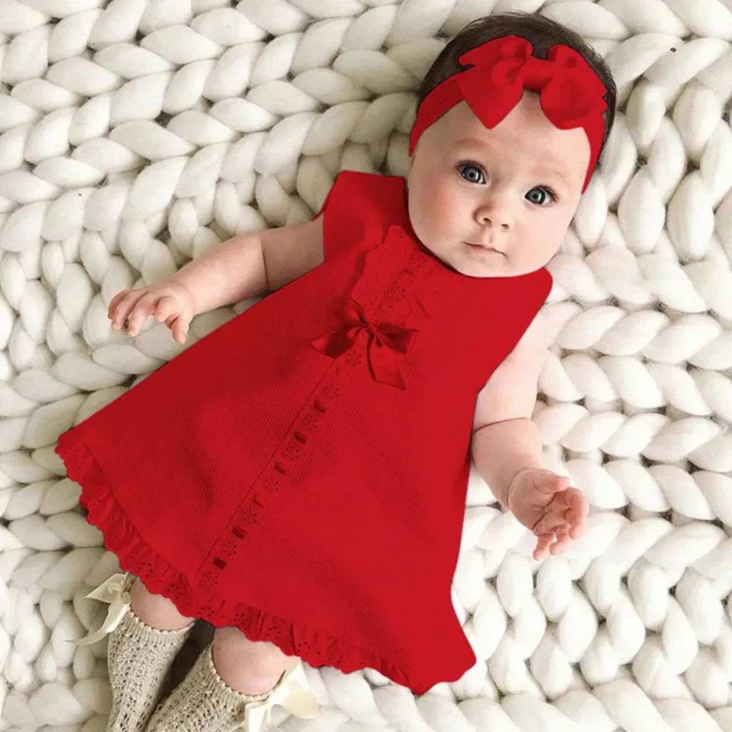 

2022 Baby Summer Clothing 0-24M Infant Newborn Baby Girl Lace Dress Sleeveless Bowknot Rib Solid White Dresses Headband