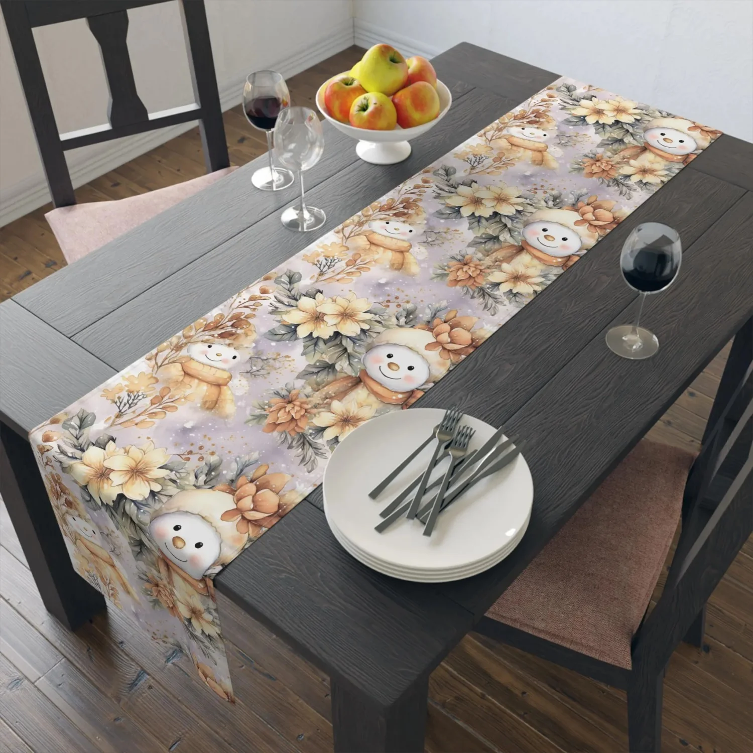 Floral Snowmen Christmas Table Runner, Holiday Dining Decor, New Year Presents