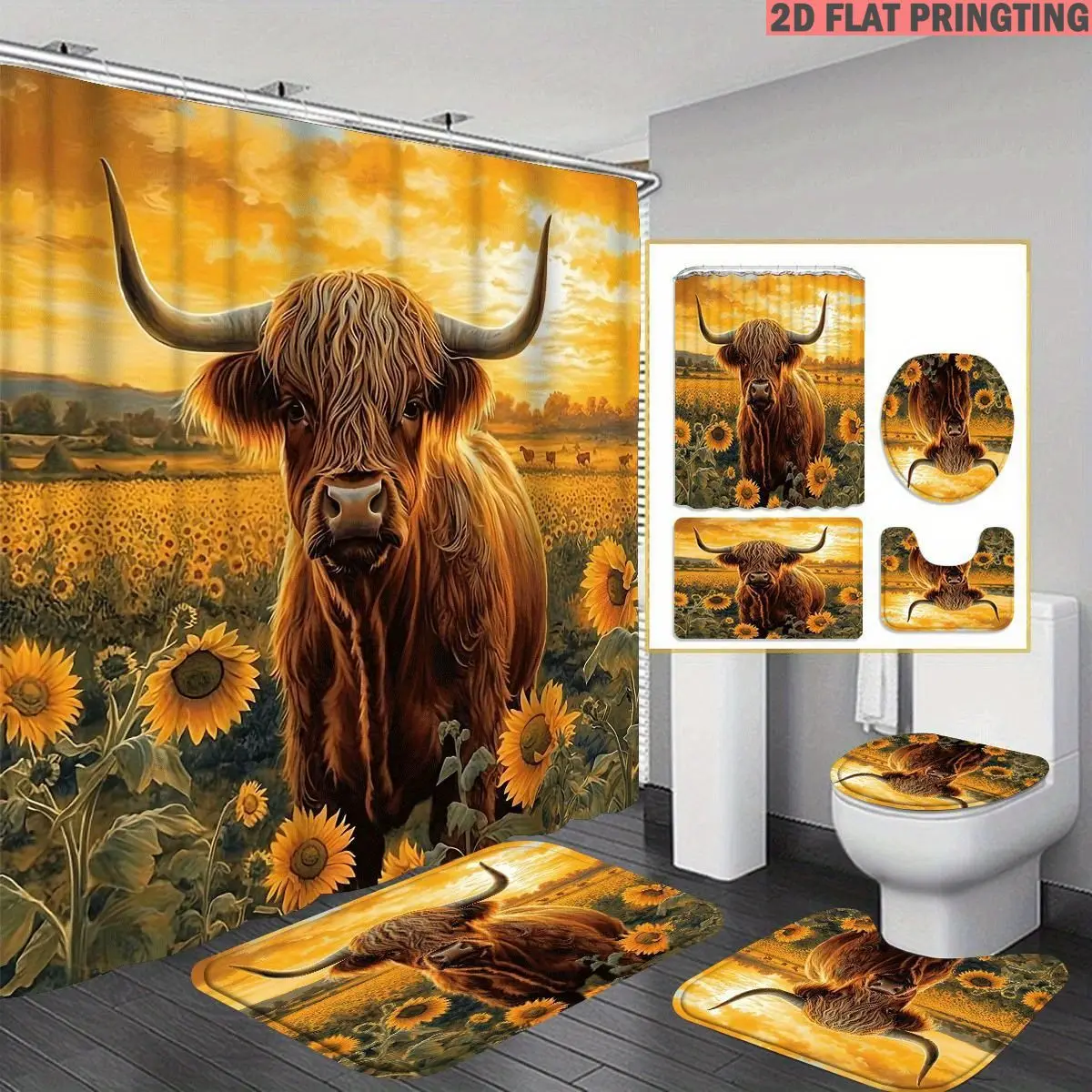 1pc/4pcs Shower Curtain and Bath Mat Set with Print Highland Cow Sunflower Field Sunset Landscape Non-Slip Bathroom Decor