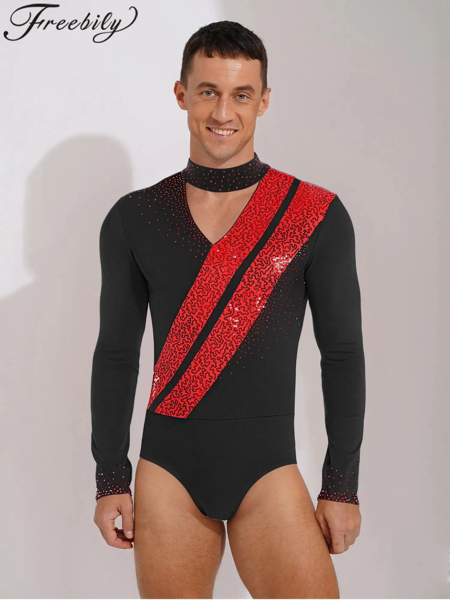 

Mens Bodysuit Long Sleeve Gymnastics Latin Dance Jumpsuit Figure Skating Ballet Costume Glittery Sequins Acrobatics Leotard