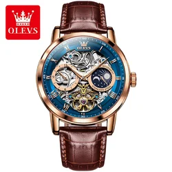 OLEVS-Reloj de pulsera para hombre, accesorio masculino resistente al agua, con correa de cuero genuino, automático, mecánico, 6670