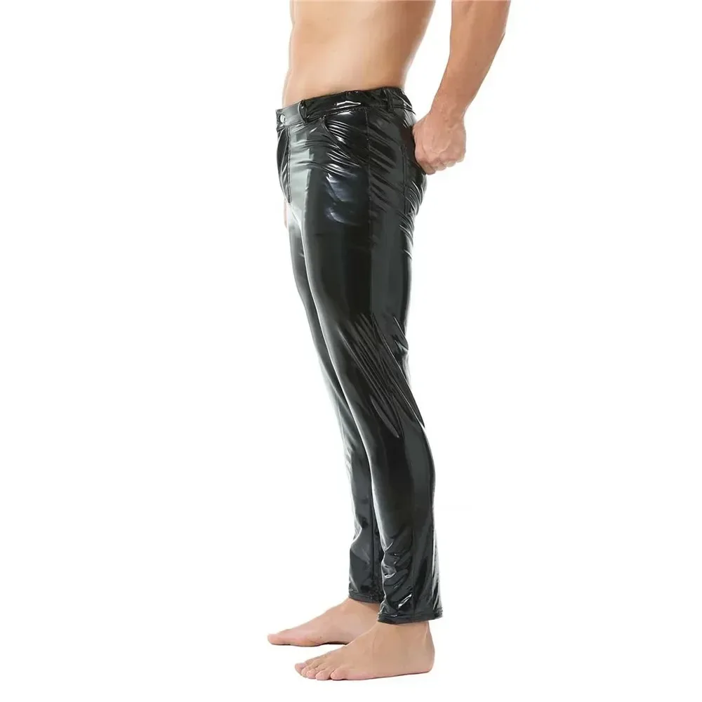

Sexy Wet Look Tight Long Trousers Men Casual PVC Leather Straight Pants with Pockets Fashion Nightclub Shiny Latex Slim Leggings