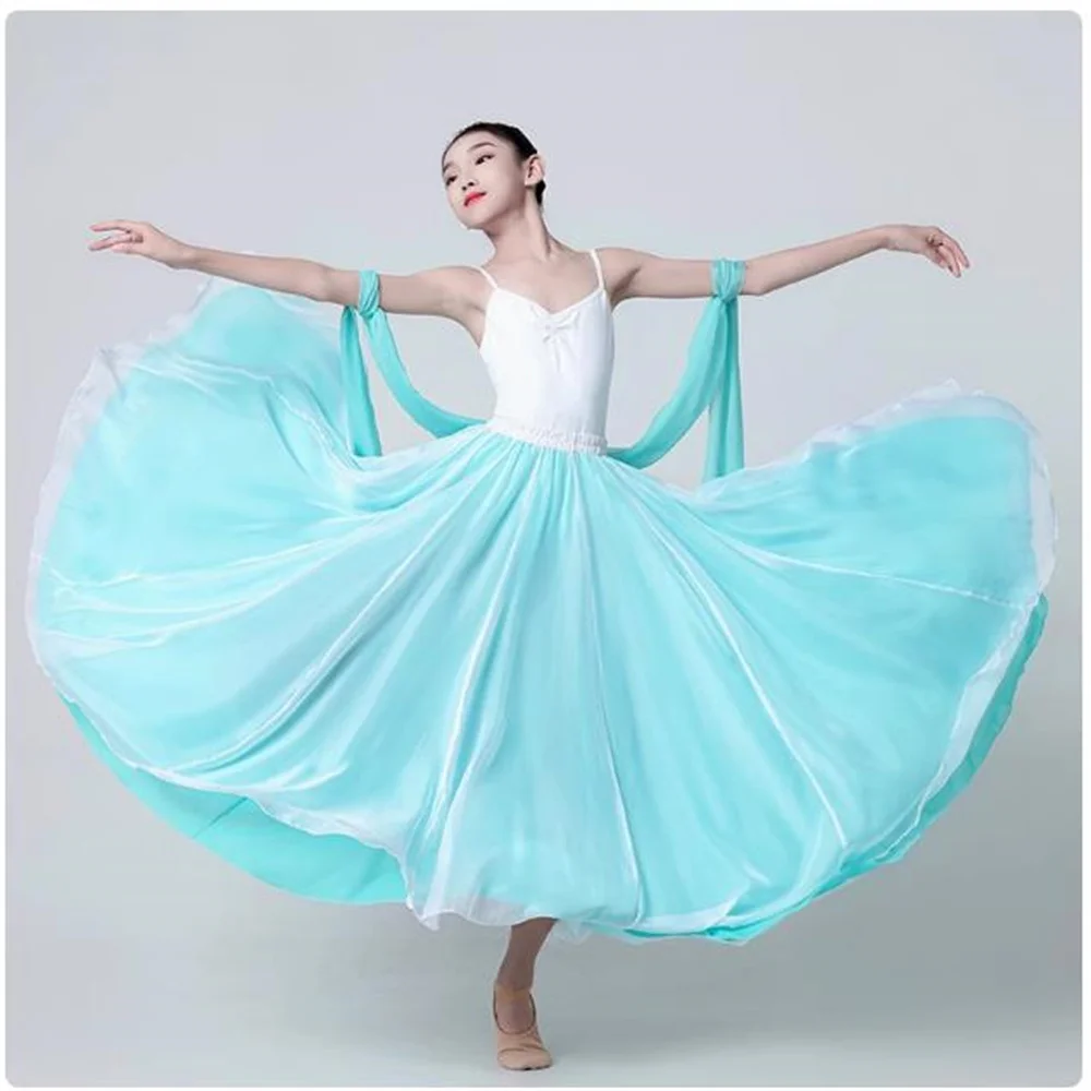 Trajes de baile flamenco verde de 720 grados, falda larga de baile de salón de doble capa para mujer, traje de actuación de danza clásica española