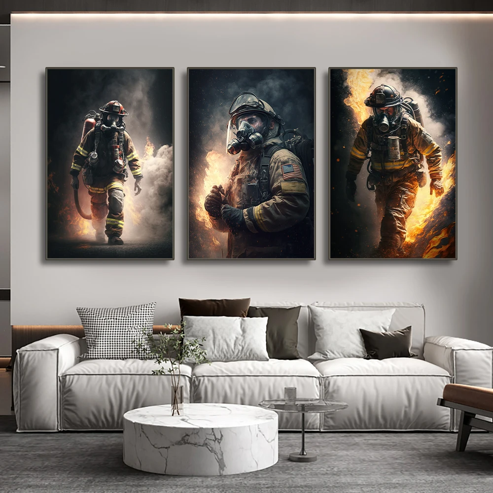 Fireman Portrait Poster Print Canvas Painting Firefighter Wall Art Pictures for Modern Living Room Home Interior Decoration