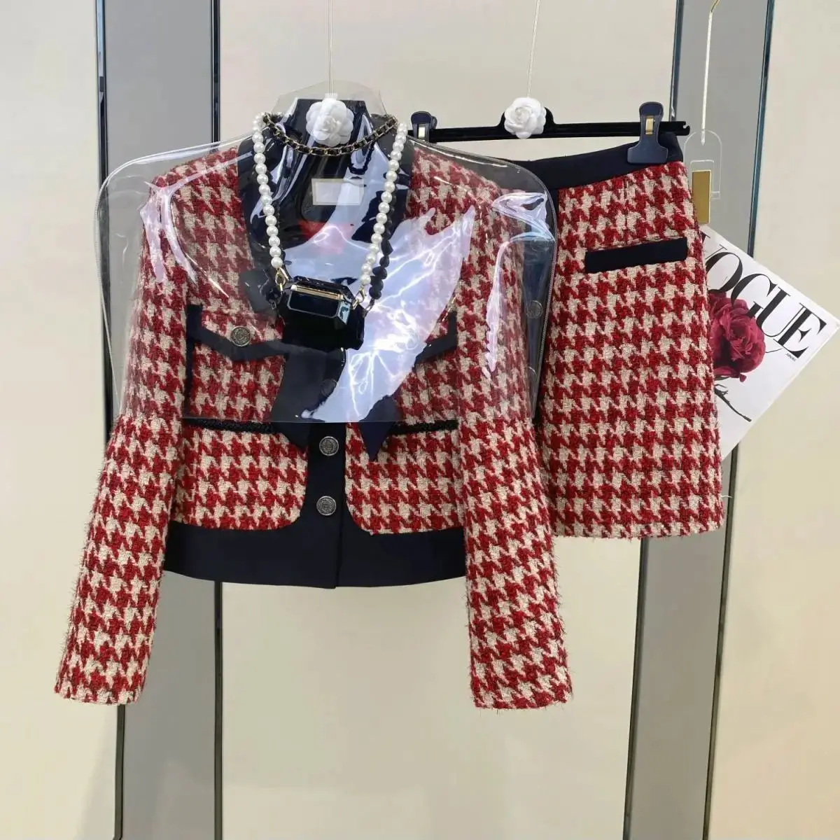 Women Elegant Christmas Suit Jacke Coat Top And Mini Skirt Two Piece Set Matching Outfit Winter Houndstooth Red Workwear Clothes