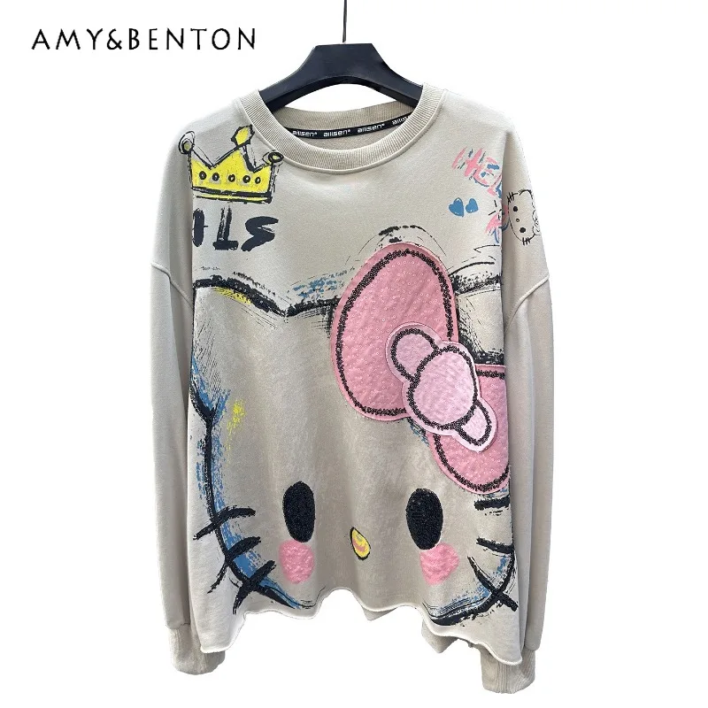 

Sweet Cute Style Cartoon Crew Neck Sweatshirt Ladies 2025 Spring Autumn Heavy Industry New Loose Versatile Top Hoodies Jacket