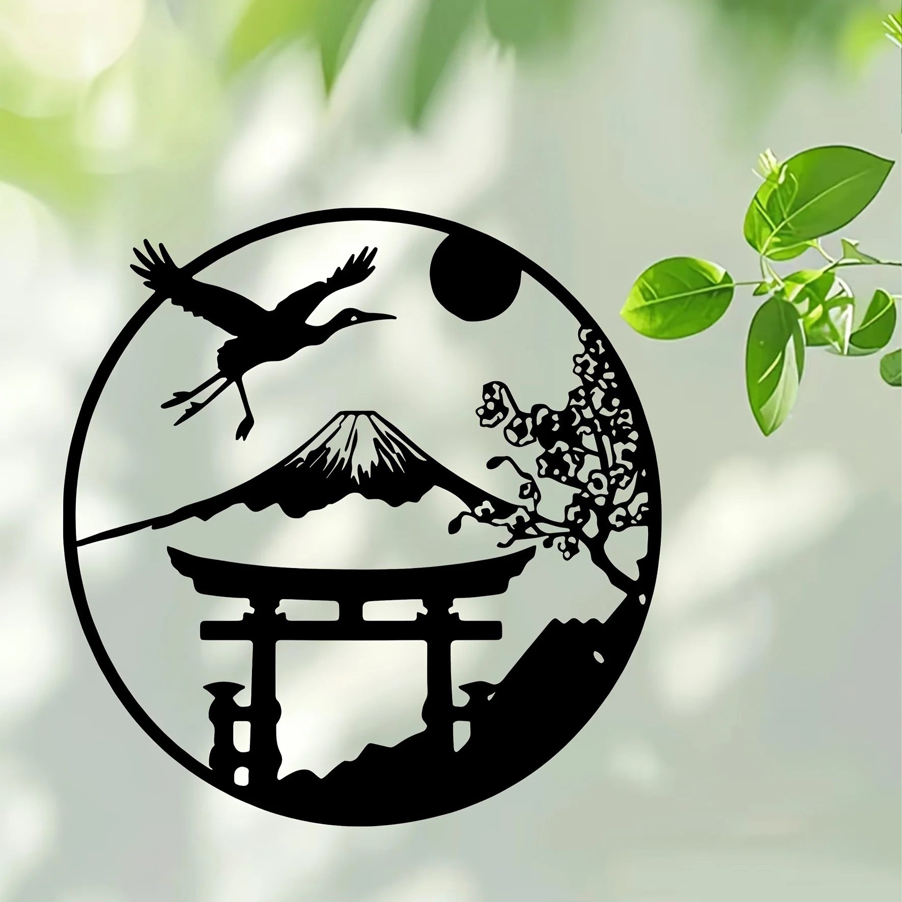 CIFBUY Metal Japanese Landscape Wall Art, 2D Flat Torii Mount Fuji Crane Iron Wall Decor, Oriental Circle Metal Wall Hanging