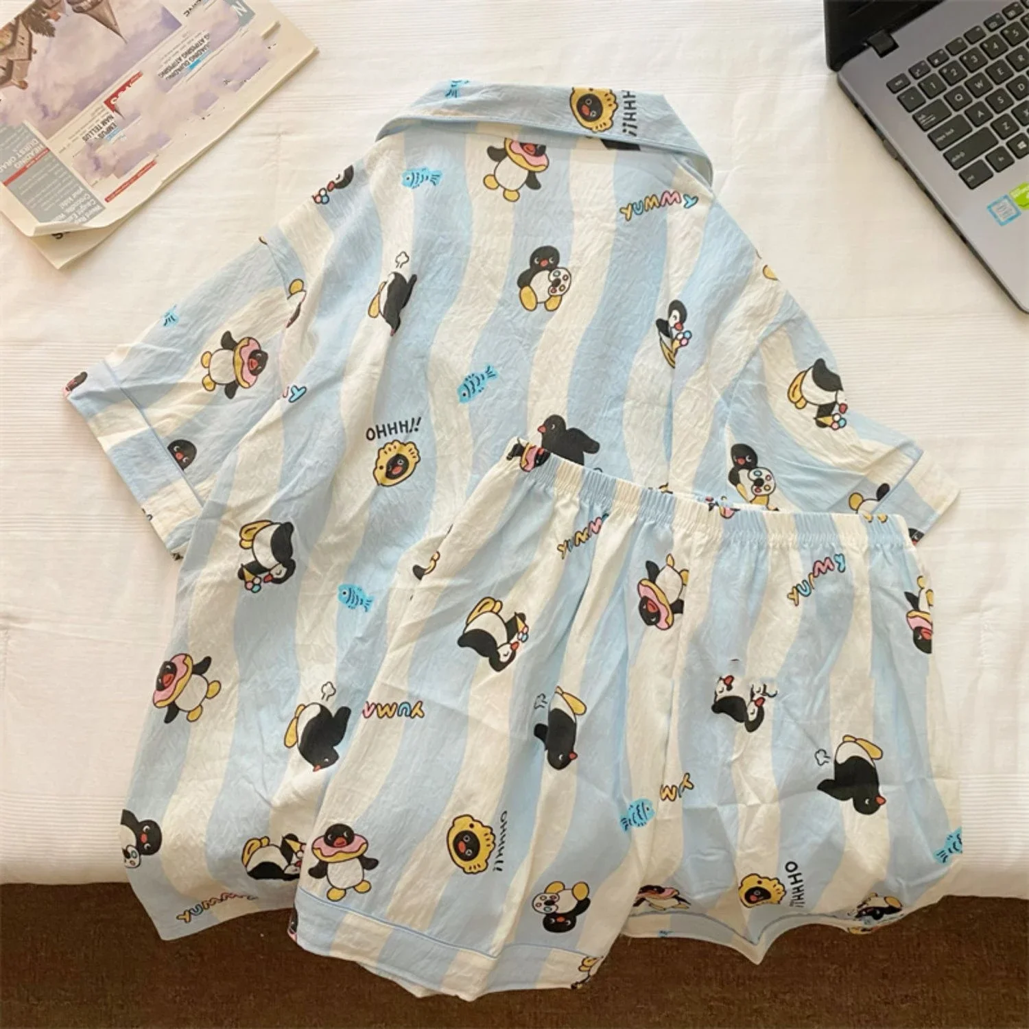 Penguin Print Women Autumn Two Piece Pajama Set Long Sleeve V Neck Top & Elastic Waist Pants 2 Pieces Female Sleepwear Nightwear view 4