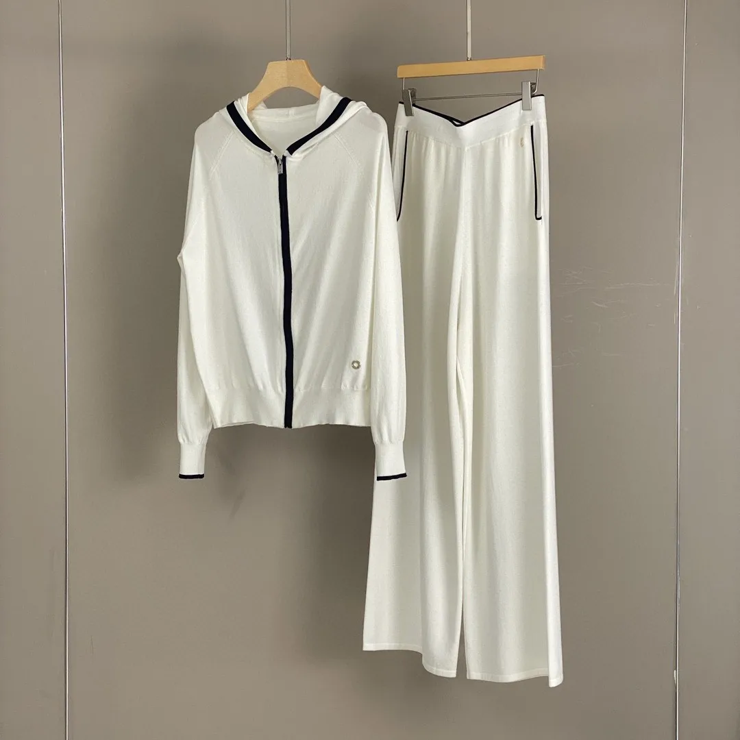 2025 ربيع/صيف جديد الحرير القطن المخلوطة كل مباراة محبوك هوديي أعلى عارضة مستقيم واسعة الساق السراويل دعوى