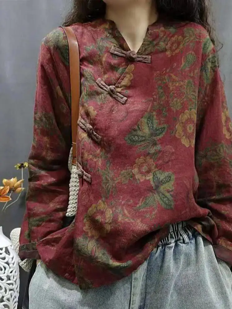 Camisa de estilo chino para mujer, de algodón y lino, con botones tipo «rana», cuello en V, corte holgado, manga larga, estampado floral, en color verde y marrón, estilo zen, blusa informal de corte amplio.