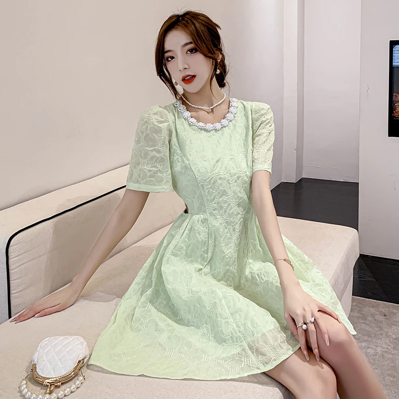 2023 Summer New Design Sense Fashion O-Neck Rhinestone Dress Women High Waist Slim French Small Fragrance Dress