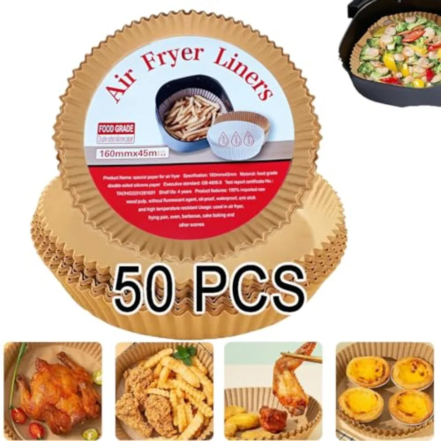Air Fryer Liners Disposable 50-Pack - Non-Stick Parchment Paper for Easy Cleanup, Fits Most 3-10 QT Air Fryers Like Ninja, Inst