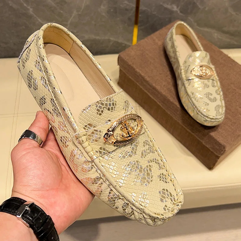 

Мужские повседневные кожаные лоферы без шнуровки из змеиной кожи, весна-лето Faion Single oes, резиновая подошва на плоском каблуке с металлическими украшениями