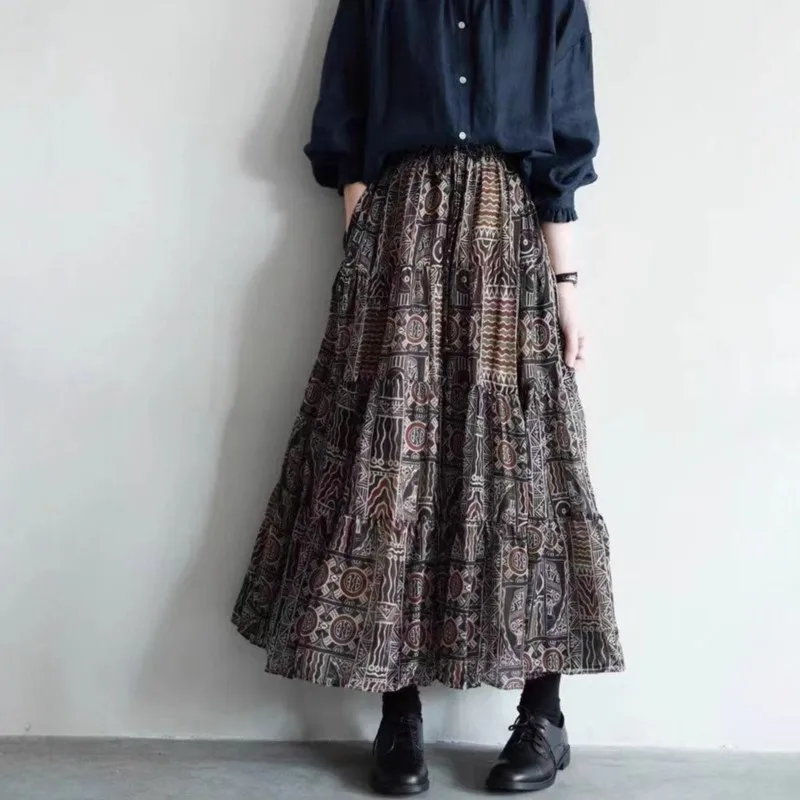 Johnature 2025, lockerer Ethno-Stil, Retro-Distressed-Blau, Patchwork, bedruckt, Ramie, doppellagiges Futter, lässige Damenröcke