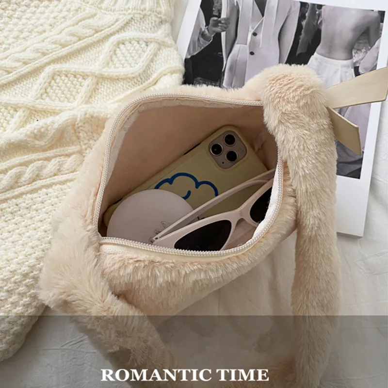 Simple Design Women Soft Plush Hobos Shoulder Bags Winter Furry Ladies Clutch Purse Handbag Fashion Female Underarm Bag
