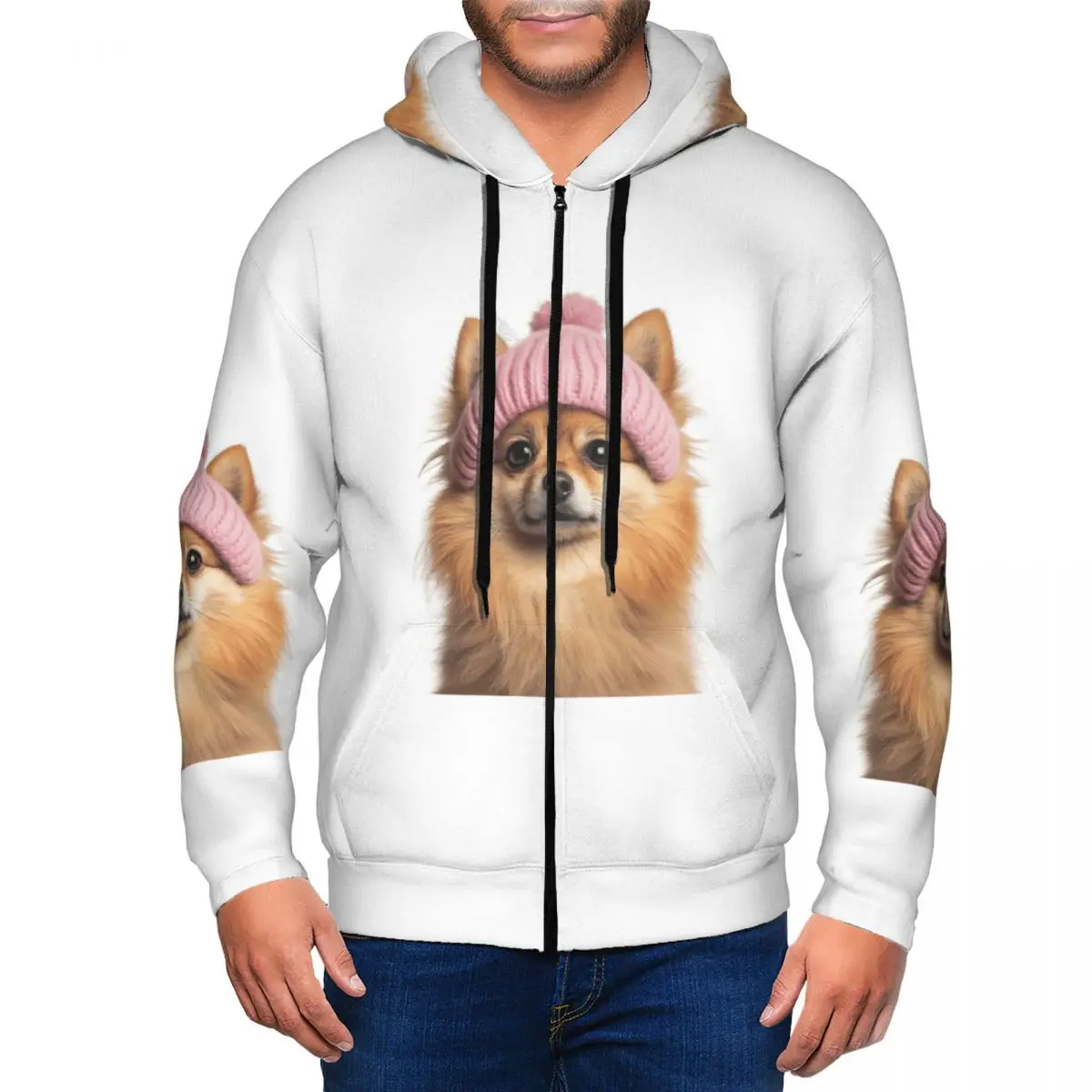 Cozy Pomeranian Dog Wearing Pink Winter Hat Trendy Animal Zipper Hoodie Autumn Winter Men's Women's Sweatshirts Long Sleeve Tops