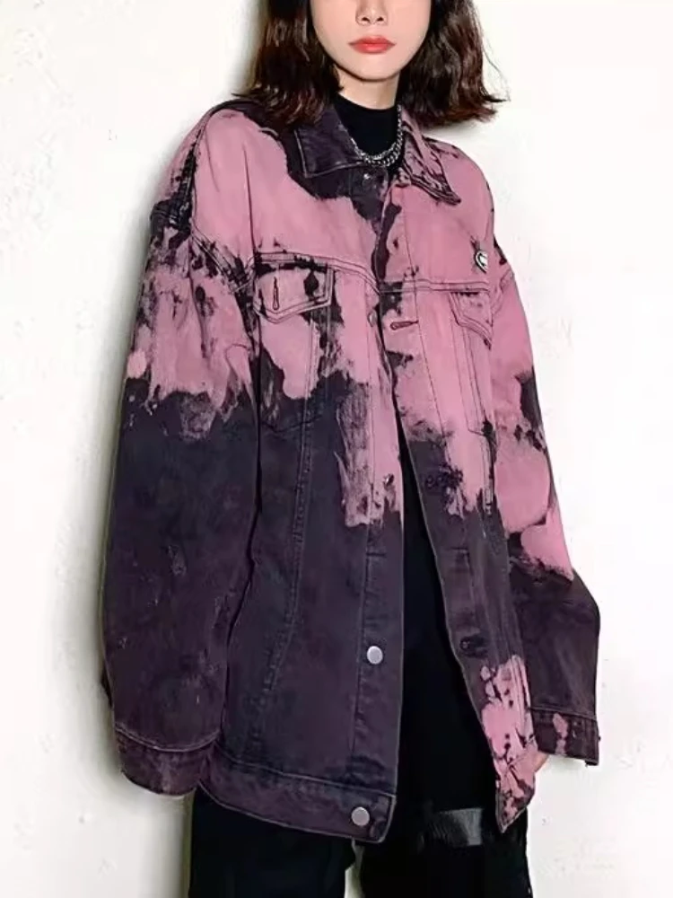 

Женская джинсовая куртка с принтом тай-дай в американском стиле ретро, весенне-осеннее пальто-карго большого размера BF, свободная повседневная верхняя одежда с длинными рукавами