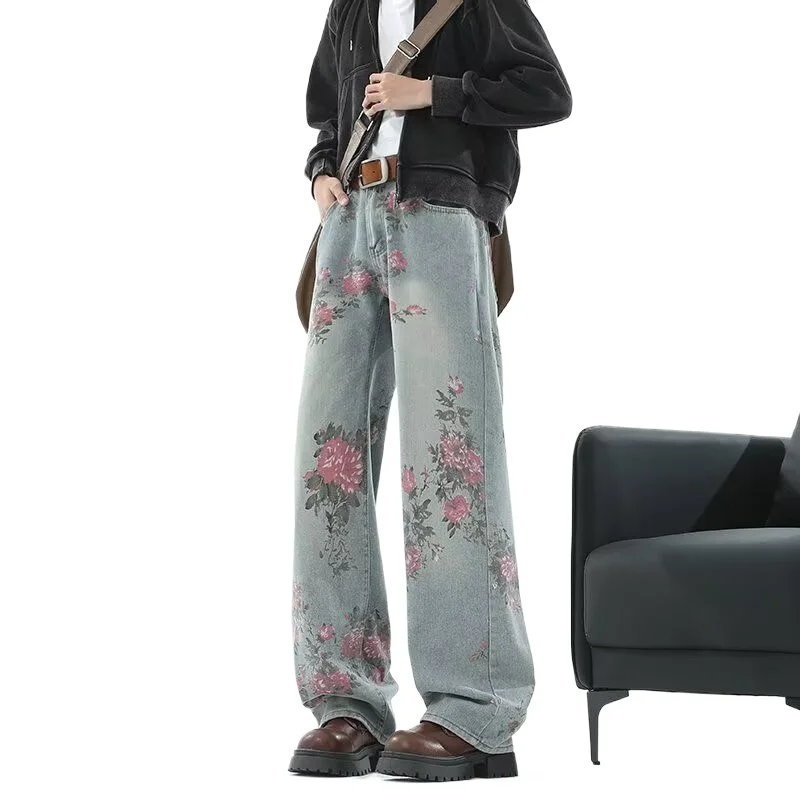 

Мужчины Женщины Cherry Blossom Knight Все джинсовые брюки с вышивкой Y2k Винтажные мешковатые уличные прямые джинсы с высокой талией, потертые синие джинсы