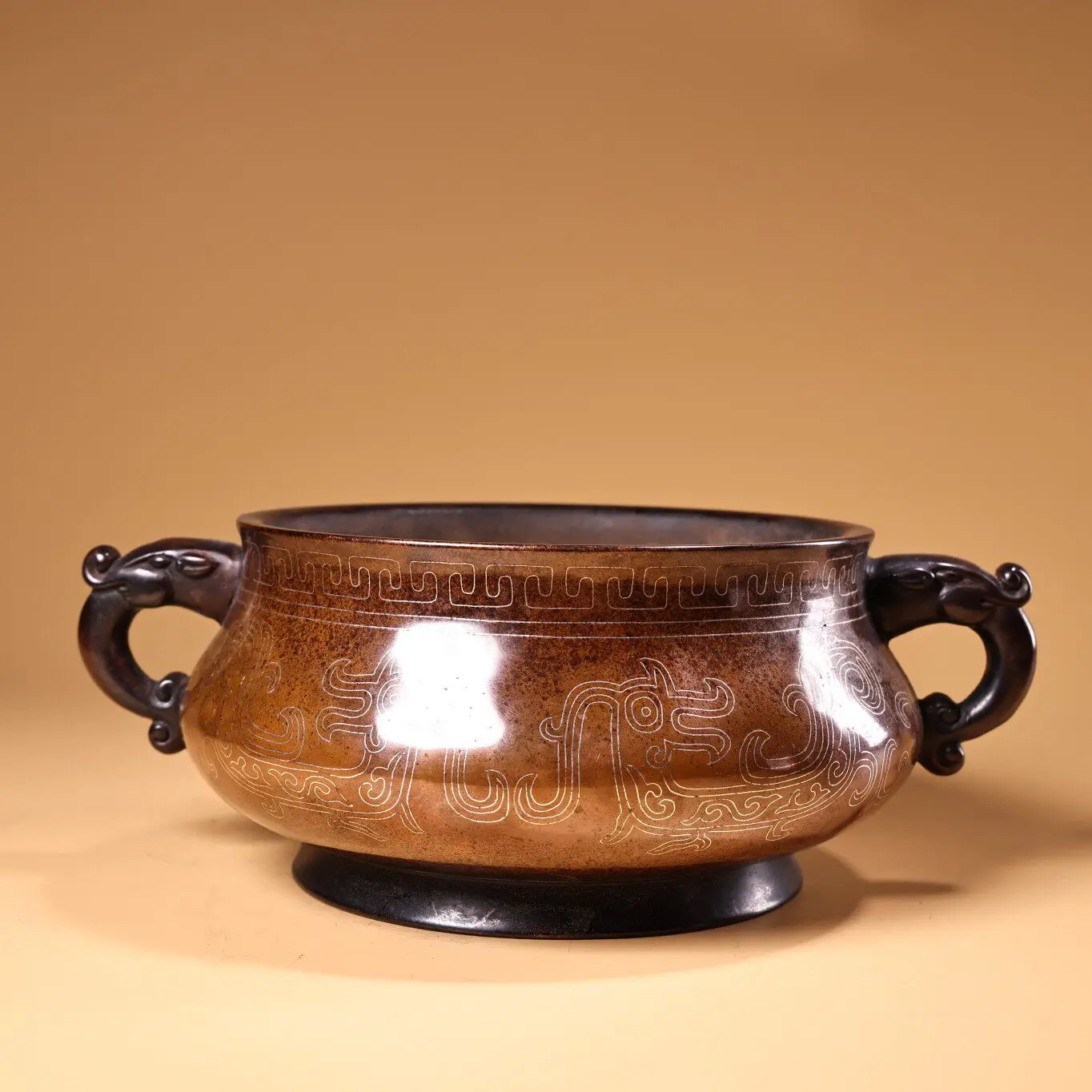 Purple Copper Incense Burner Double Ear High Relief Chiseled Silver Wire Inlaid Heavy Patina Decor