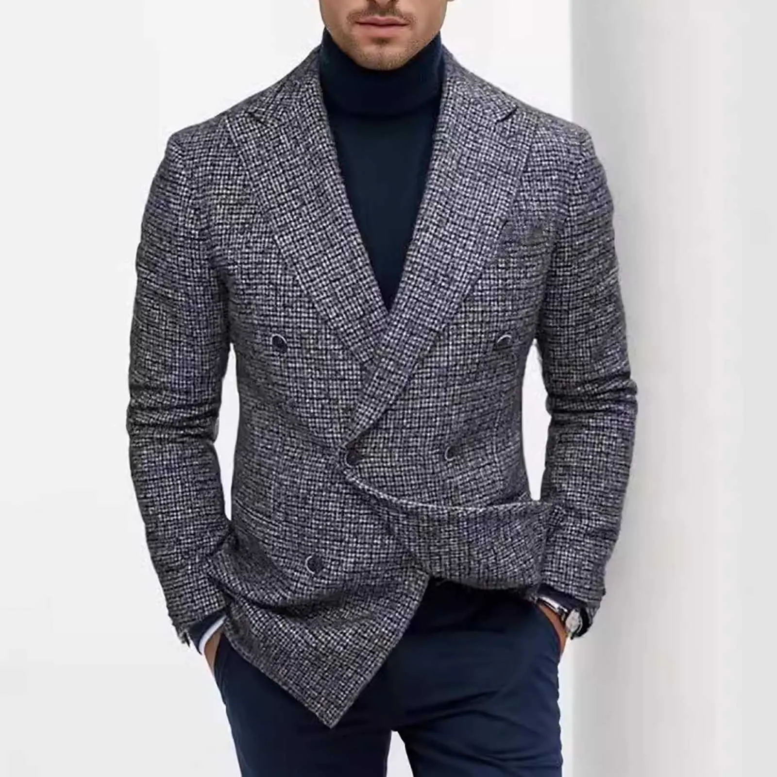 2024 Spring Autumn Men Blazers Slim Fit Plaid Suits Jackets Male Long Sleeve Double-breasted Outerwear Business Casual Coats