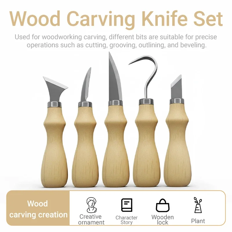5PC Wood Carving Tools Set with Oak Handle Curved Knife for Arts Crafts Hand Carving Sharp Portable Natural Wood Color view 5