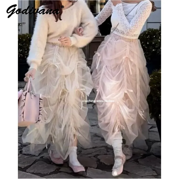 

2024 New Japanese Style Spring Elastic Waist Ballet Tulle Bow Pleating Sweet Skirt Girl Women's Lolita Mesh Long Skirts