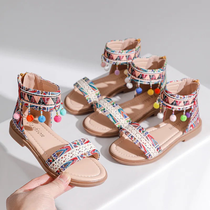 

Girls Sandals Ethnic Style Bohemia Kids Beach Shoes for Vacation 2025 New Fashion Children Roman Sandals Open Toes Non-slip Soft