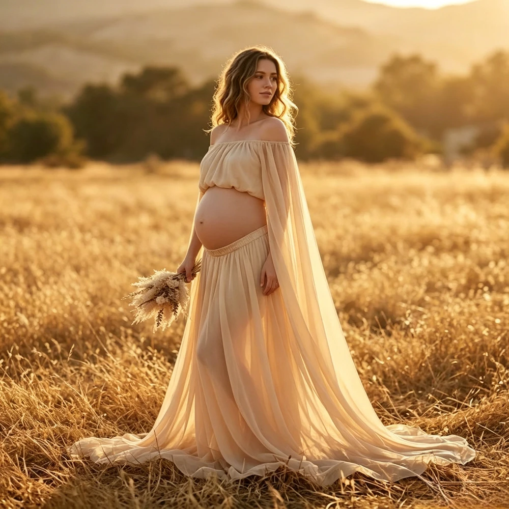 Off Shoulder Maternity Photography Gown Two Piece Set Chiffon Pregnant Women Maxi Dress For Photo Shoot Photo Studio Props - view 6