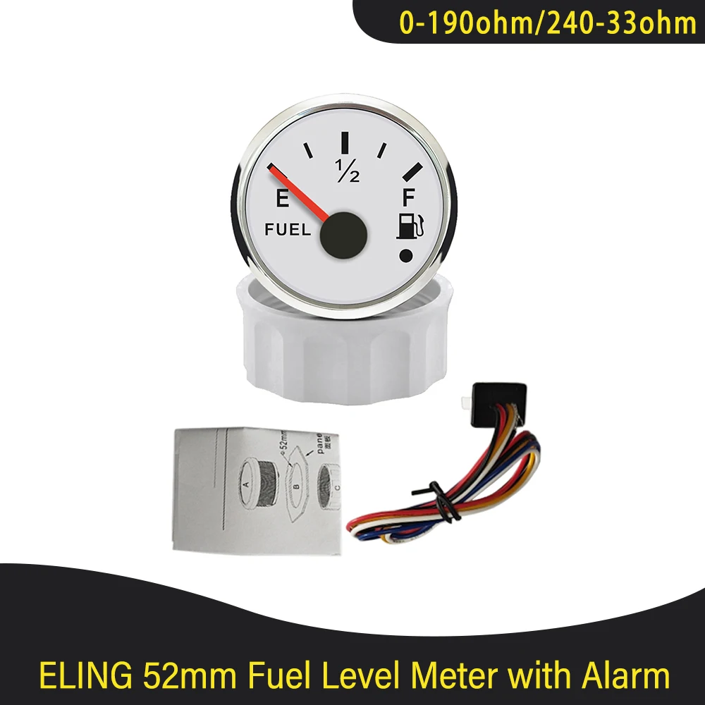 Cars Marine 52mm Fuel Level Gauge Meter 0-190ohm 240-33ohm with Red Backlight and Alarm for Ships Motorcycle Universal 12V 24V