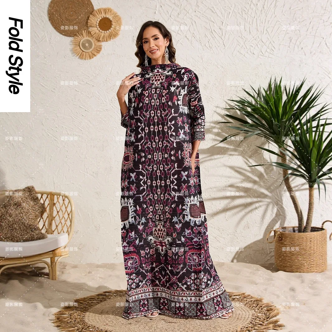 

2025 Summer New Muslim Robe Women's Long Dress Miyake Pleated Print Long Sleeve Loose Long Elegant Dress