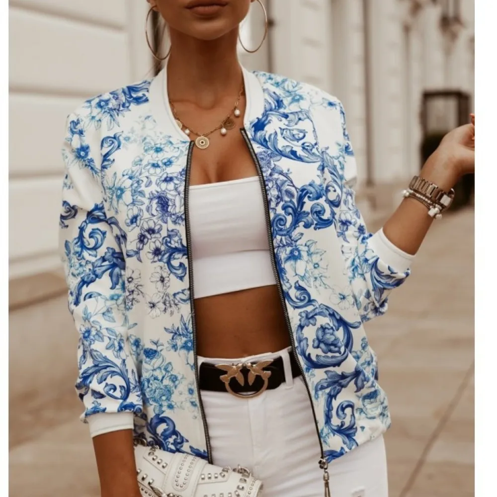 Women Fashion Slim Fit Jacket Autumn Long Sleeve Floral Printed Short Coat Streetwear Casual Zipper Outerwear Tops Purple