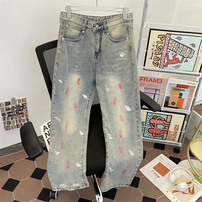 

Ripped Loose Fit Men's Jeans Summer Trendy American Dyeing Vintage Distred Straight Leg Pants Casual Wear for Teens