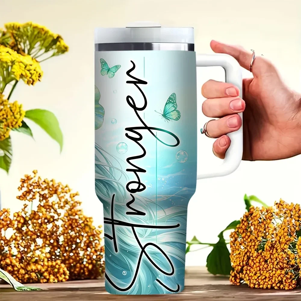 40oz Tumbler with Handle, Blue Flower Butterfly Elegant Girl Stronger Print, Suitable for Women Daily Use, Fits Both Hot And Cold Drinks, Ideal for Outdoor And Indoor Daily Scenes