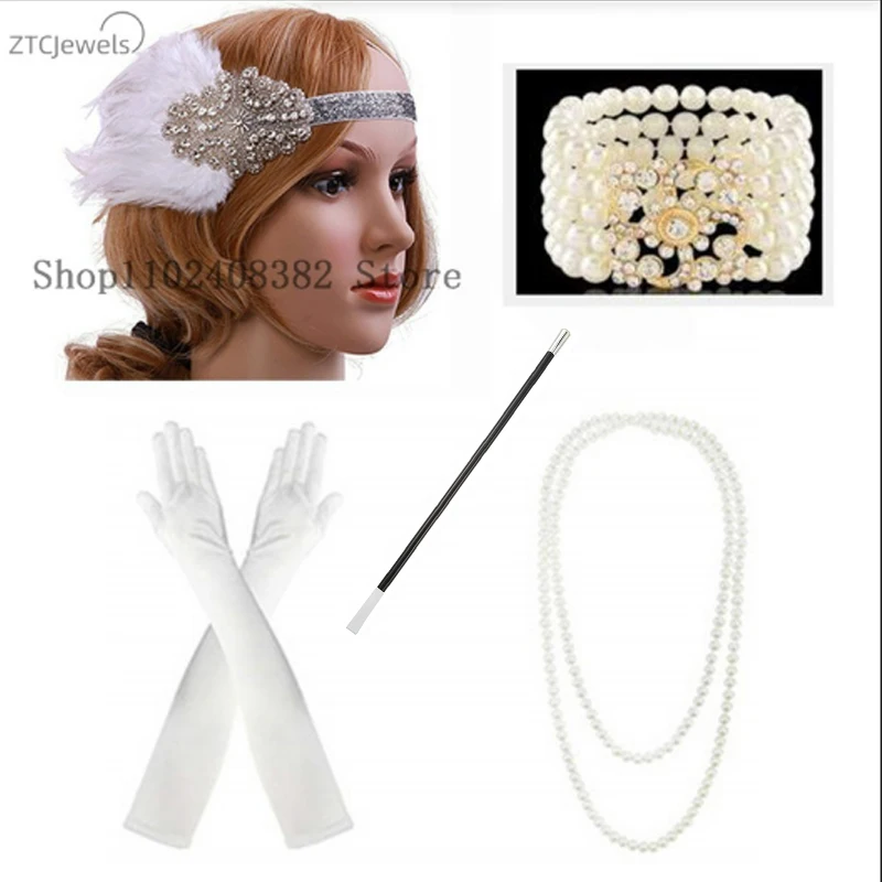 

Women 1920s Great Gatsby Party Costume Accessory Flapper Feather Headband Pearl Necklace Gloves Cigarette Holder Bracelet Choose