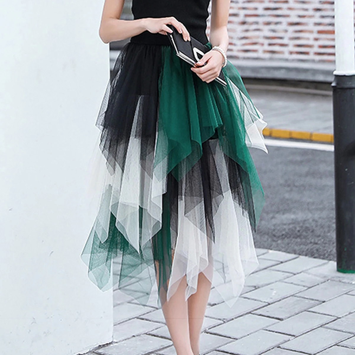 Women's Midi Skirt, Elegant Elastic Waist Contrast Color Autumn Tulle Skirt, Suitable for Street Party