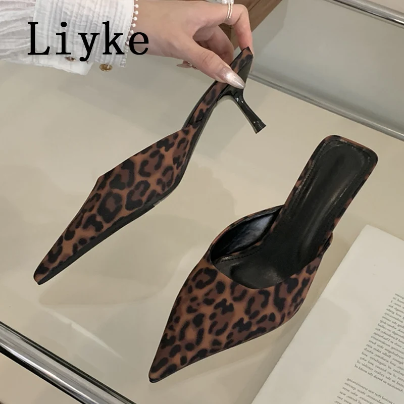 Liyke Spring Fashion Leopard Print Pointed Toe Women Pumps Slippers Sexy Thin Heels Sandals Stripper Banquet Mule Female Shoes