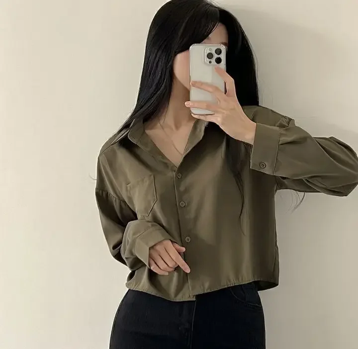 Vintage Shirts Women Chic Korean Fashion Simple All-match Long Sleeve Office Lady Tops Clothing Summer Sun-proof Elegant Cropped