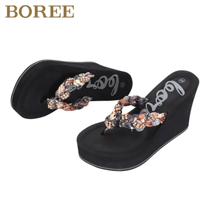 Boree Crystal Women Shoes Flip Flops High Flat Heel Slippers Outdoor Beach Sandals Wedges Platform Slids femme pantoufles