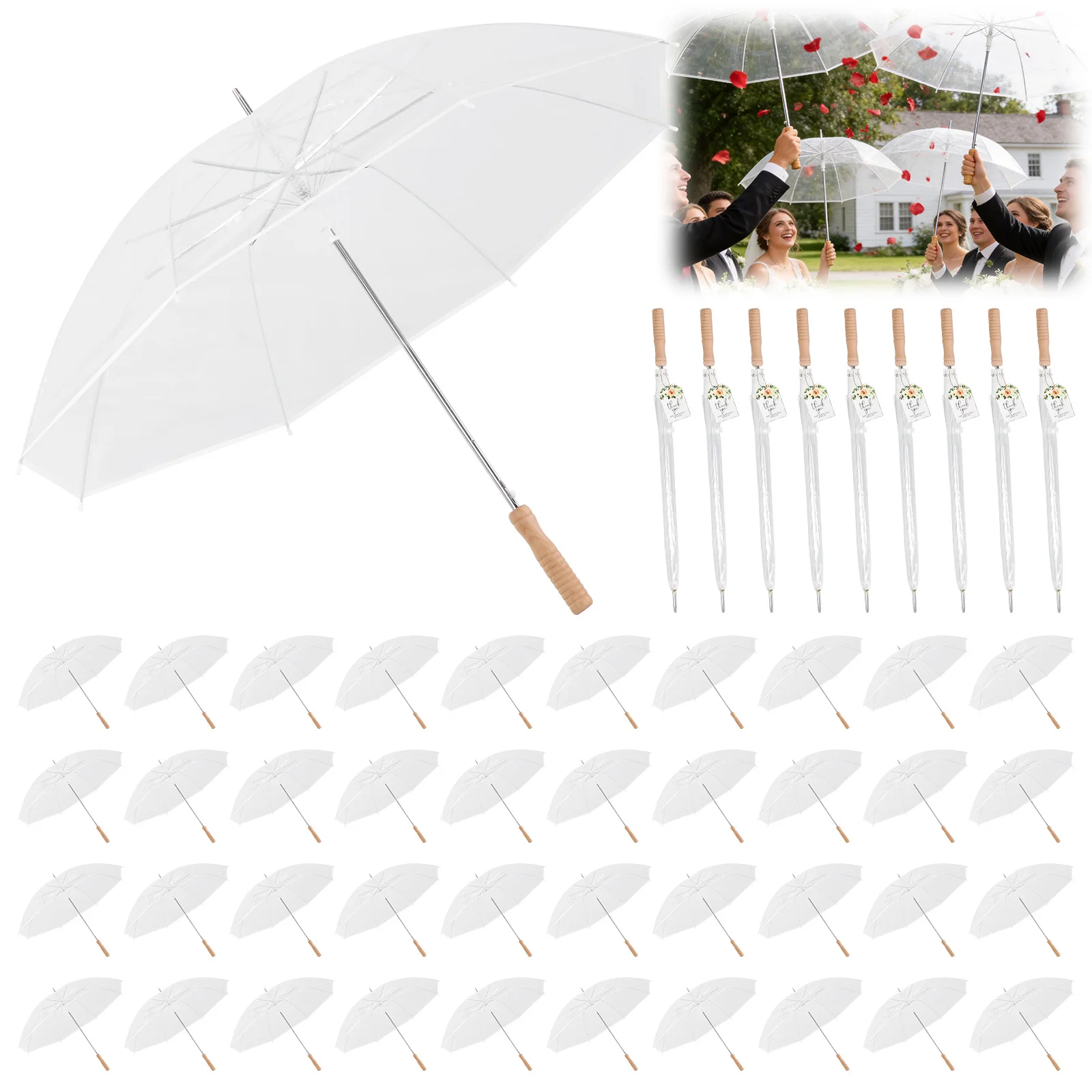 

50 Pcs Clear Umbrellas for Wedding with Thank You Tags and Rope Transparent Umbrella Set Guest Souvenirs for Party Bridal Favors