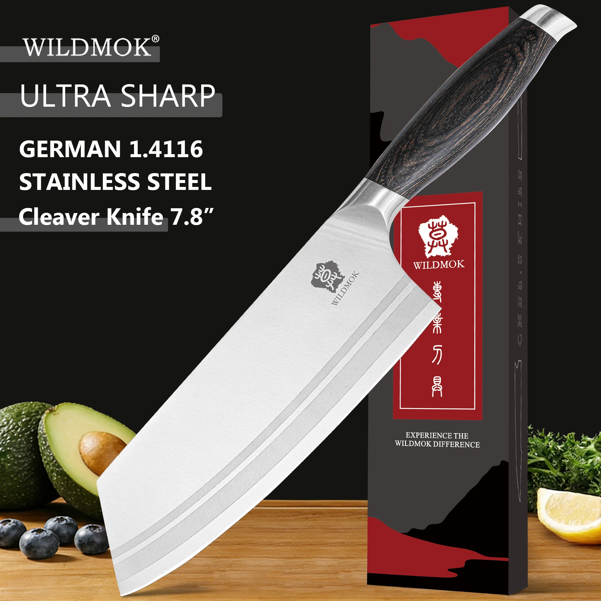 

WILDMOK 7.8 inch Professional Kitchen Knife, German Steel, Sharp Chinese Meat Knife with Pakkawood Handle