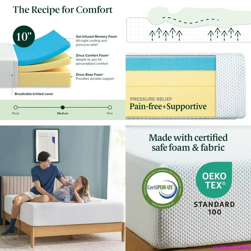 Colchón de espuma viscoelástica refrescante con infusión de té verde de 10 pulgadas - tamaño completo, firmeza media, sin fibra de vidrio