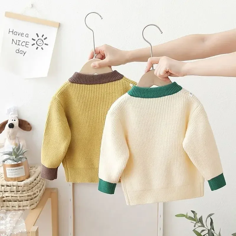 Autumn Winter Y2K Long Sleeve Boy's Cardigan Fashion Cute Patchwork Kids Children's Clothing Kawaii Sweaters Knitting Girls Tops