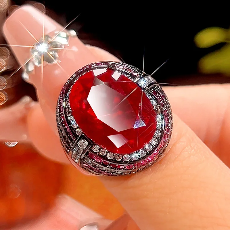 Vinregem 12*16 MM Oval Cut Lab Created Paraiba Tourmaline Sapphire Ruby Gem Luxury Open Adjustable Ring Fine Jewelry