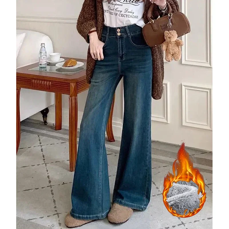 

2025 зимняя распродажа, женские плюшевые термоджинсы для девочек, теплые флисовые джинсовые брюки в стиле ретро, женские удобные свободные брюки