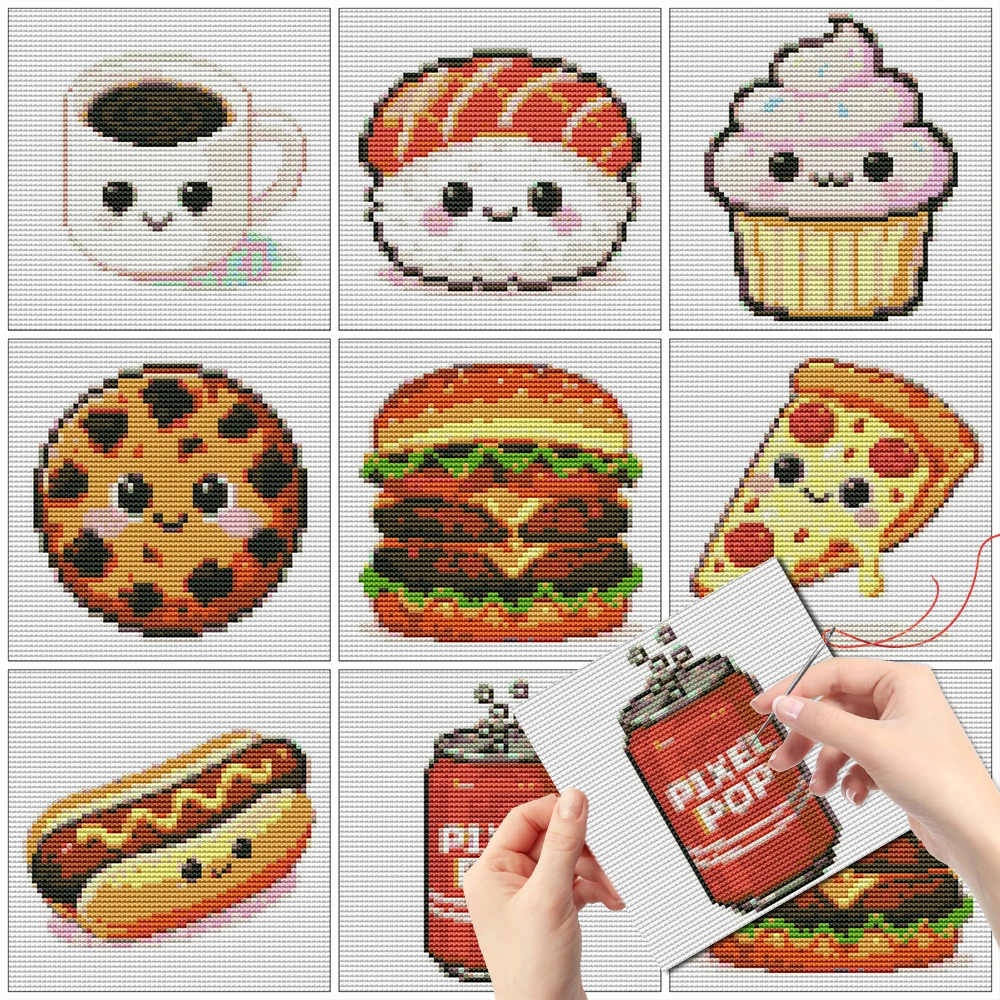 Evershine 8-teiliges Mini-Kreuzstich-Set Cartoon-Stickerei Lebensmittel-Design 11CT Kreuzstich-Kit Kaffee Pizza DIY Kinder-Hobby