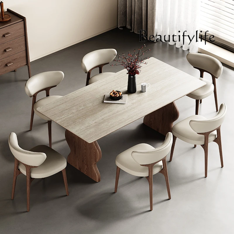 

N Dining Table Home Living Room High-End Solid Wood Dining Table and Chair Antique Rectangular Cave Stone Stone Plate